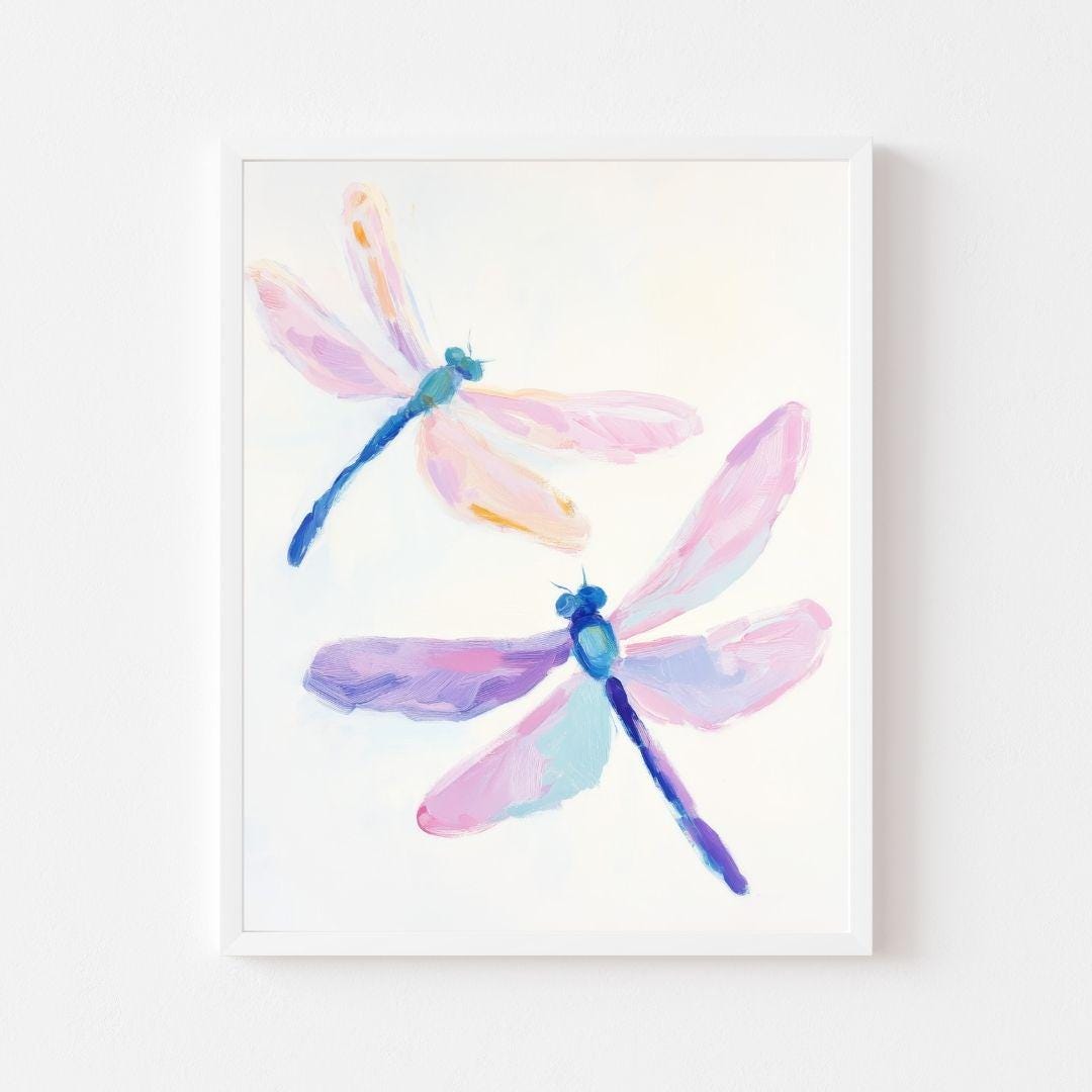 Pastel Dragonfly Painting | Pink Blue Insect Wall Art Print | Watercolor Tween Girl's Room Printable | Colorful Dragonflies Digital Download