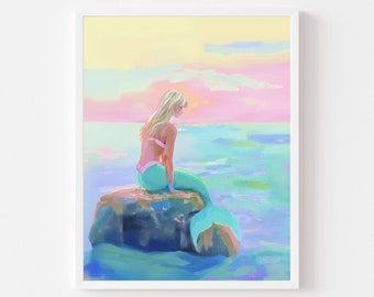 Blonde Mermaid Painting: Pastel Coastal Wall Art (Digital Download)