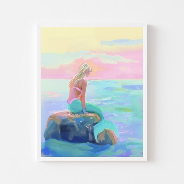 Blonde Mermaid Painting | Colorful Pastel Coastal Wall Art Print | Summer Girl's Room Printable | Girly Pastel Beach House Digital Download