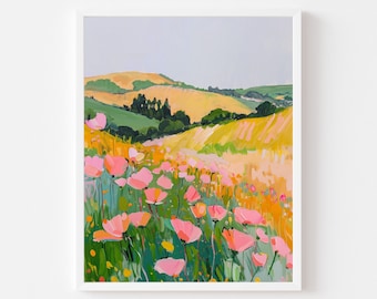 California Poppy Field Painting | Wildflower Landscape Wall Art Print | Colorful Floral Scenery Digital Download | Flower Meadow Printable