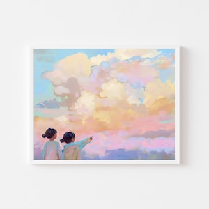 May include: Two people stand facing away from the viewer, looking up at a large, fluffy, pink and white cloud in a blue sky. The sky is painted in a soft, dreamy style.