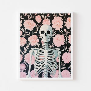 May include: A white skeleton with a black background and pink flowers. The skeleton is facing forward with its arms at its sides. The flowers are in bloom and have a soft pink color.