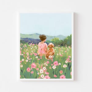 Brunette Girl and Goldendoodle Painting | Dog Lover Gift Wall Art Print | Wildflower Meadow Puppy Printable | Pastel Pet Digital Download