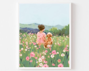 May include: A painting of a girl and her dog sitting in a field of pink flowers. The girl is wearing a pink dress and the dog is brown and white.