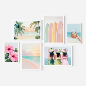 Set di pareti con galleria tropicale costiera: raccolta di opere d'arte ispirate alle case sulla spiaggia hawaiane (download digitale stampabile)