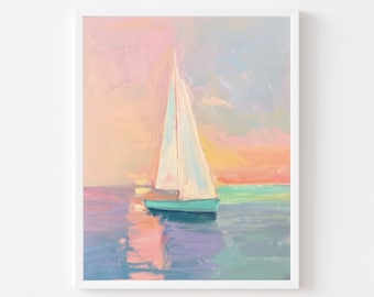 Sailboat Sunset Painting: Coastal Lake Art Print (Digital Download)