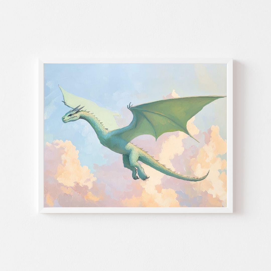 Green Dragon Flying Painting: Whimsical Nursery Art (digital