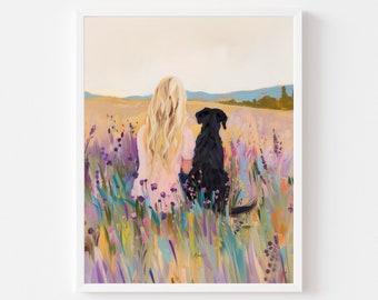 Black Lab and Girl Art Print: Wildflower Meadow Painting (Digital Download)
