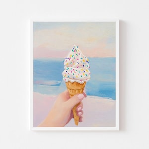 Eis am Strand Gemälde | Vanille Zapfen mit Regenbogen Streuseln Wand Kunst Print | Küsten Digital Download | Buntes Dessert zum Ausdrucken