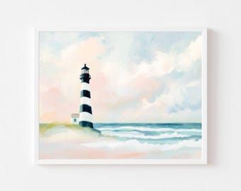 May include: A watercolor painting of a black and white striped lighthouse on a sandy beach with blue ocean waves in the background. The sky is a soft pink and blue.