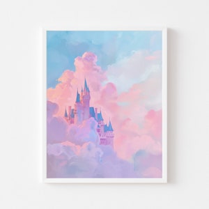 May include: A painting depicting a pink and blue castle nestled amongst fluffy white clouds. The castle features tall towers and a pointed roof, set against a light blue sky.
