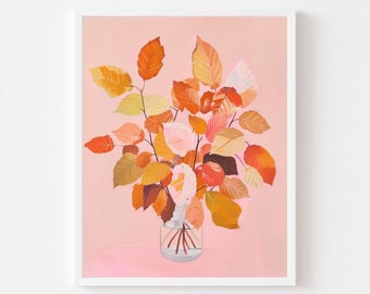 May include: A painting of a bouquet of fall leaves in shades of orange, yellow, and red in a clear glass vase on a pink background.
