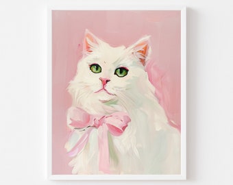 White Cat Painting with Pink Bow: Girly Kitten Art (Digital Download)