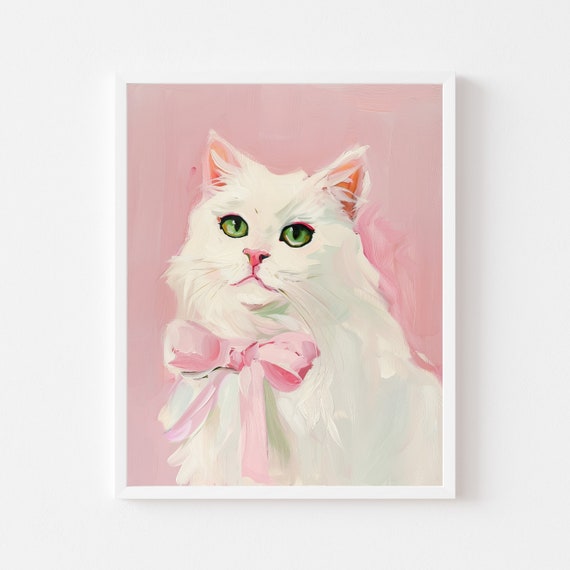 ピンクのリボンをつけた白い猫の絵：ガーリーな子猫のアート（デジタル