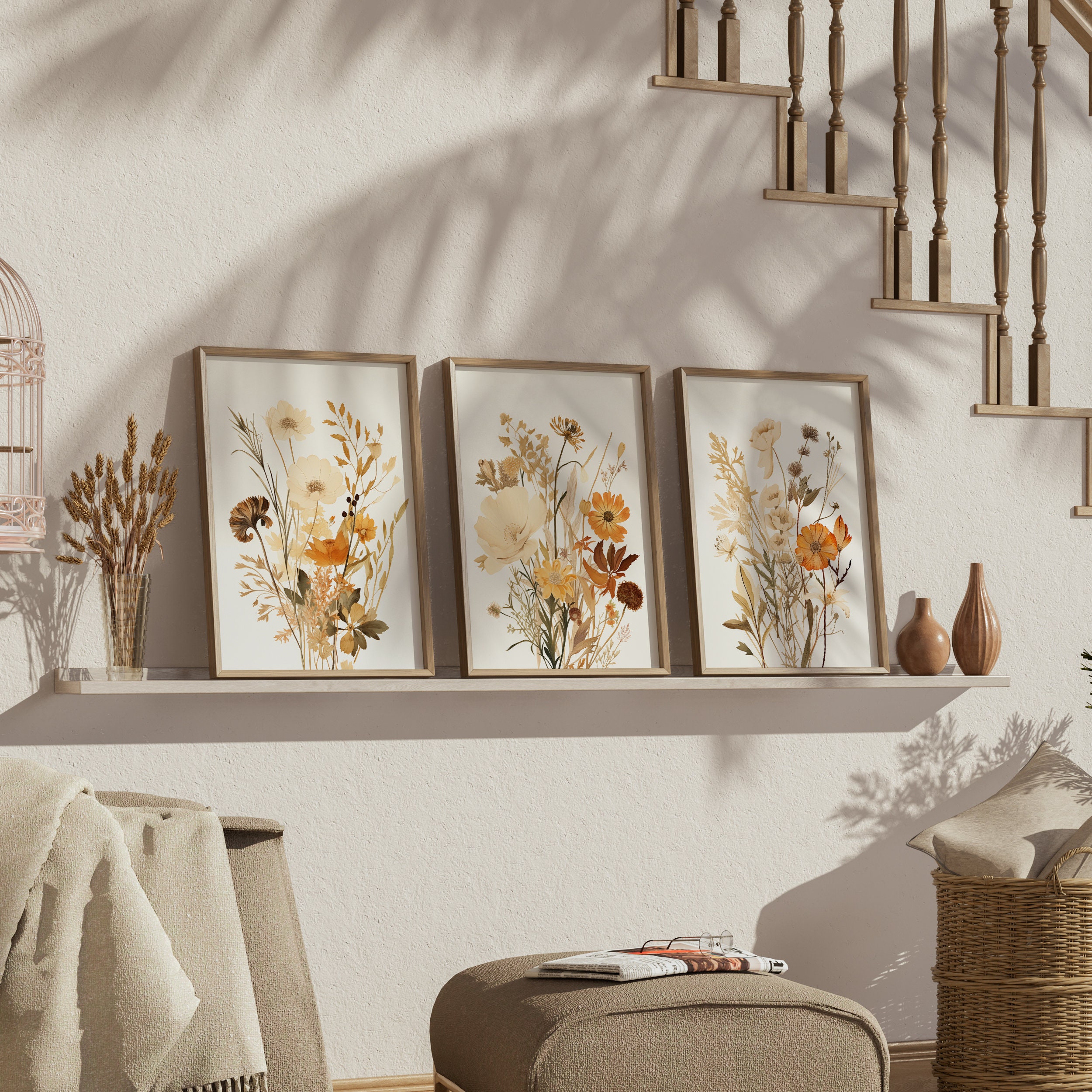 Boho Watercolor Wildflower Prints Set of 3, Minimalist Boho Wall Decor ...