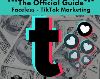 May include: A promotional image for a TikTok marketing guide. The background is a collage of US hundred-dollar bills. The guide's title is displayed in white and black text with a large TikTok logo in the center. The text reads "How to make loads of money on TikTok without showing your face."