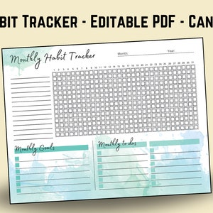 May include: A printable monthly habit tracker with a watercolor background. The tracker includes a grid for daily tracking, a section for monthly goals, and a section for monthly to-dos. The text "Monthly Habit Tracker" is at the top of the page.