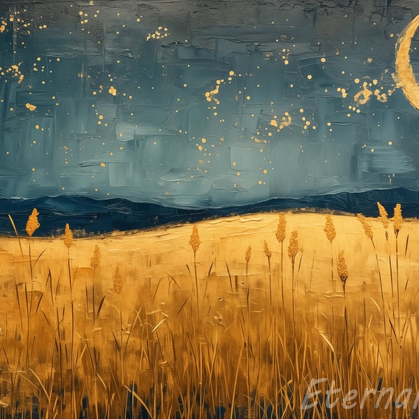 Whispers of Twilight: A Golden Field Beneath a Crescent Moon