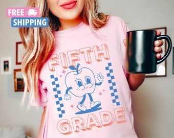 Fifth Grade Teacher Tee with Retro Mascot Design, 5th Grade Retro Apple Character Shirt, Matching Fifth Grade Team Teacher Shirts