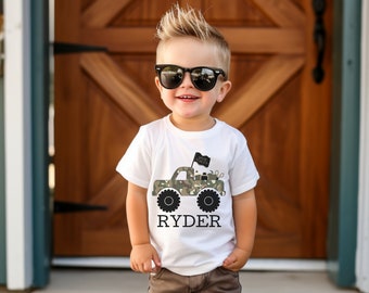 Personalized Camo Boys Back to School Shirt - Monster Truck Name Tee, Custom Boys Camouflage Truck Tee for First Day of School, Kids School