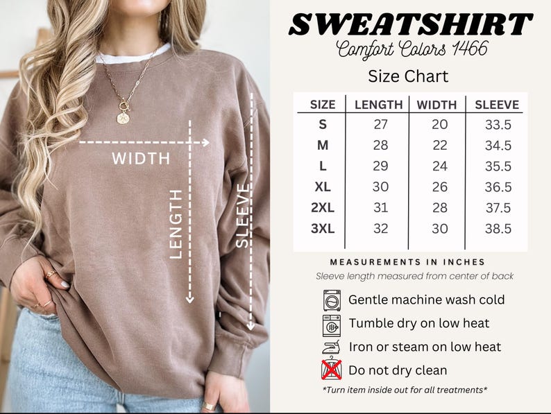 Peut inclure: Un sweat-shirt marron avec un tableau des tailles indiquant les mesures en pouces. Le tableau comprend les tailles S, M, L, XL, 2XL et 3XL, avec les mesures correspondantes de longueur, de largeur et de manche. Le texte "Comfort Colors 1466" est &eacute;galement visible.