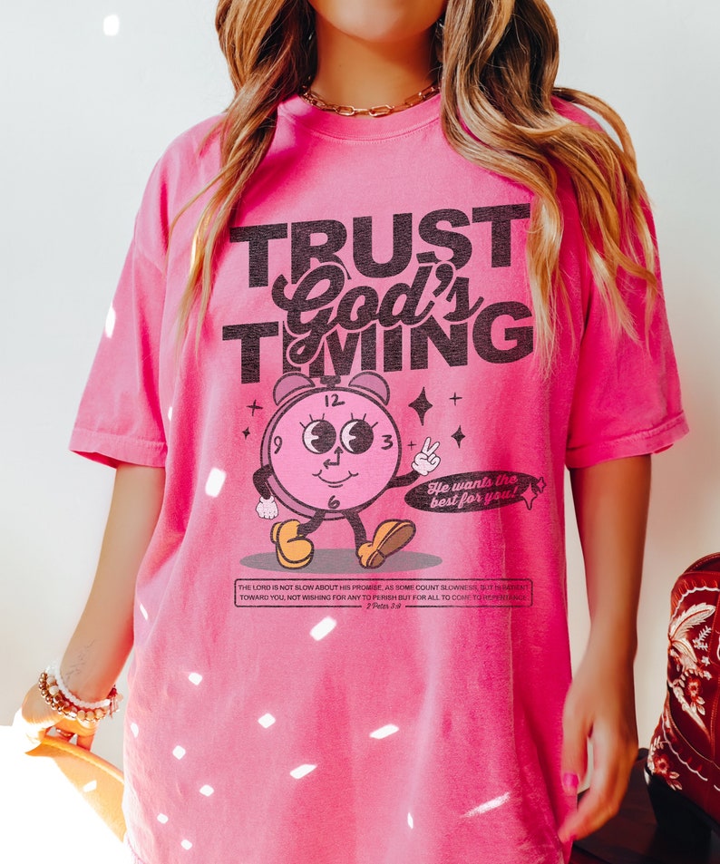 Christian Tshirt - Trust in God's Timing, Retro Faith-based Graphic Tee, Popular Shirt, Christian Gift for Teen, Christian Gift for Her image 3