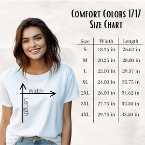 Peut inclure: Tableau des tailles pour les t-shirts Comfort Colors 1717, indiquant les mesures de largeur et de longueur en pouces pour les tailles S &agrave; 4XL.