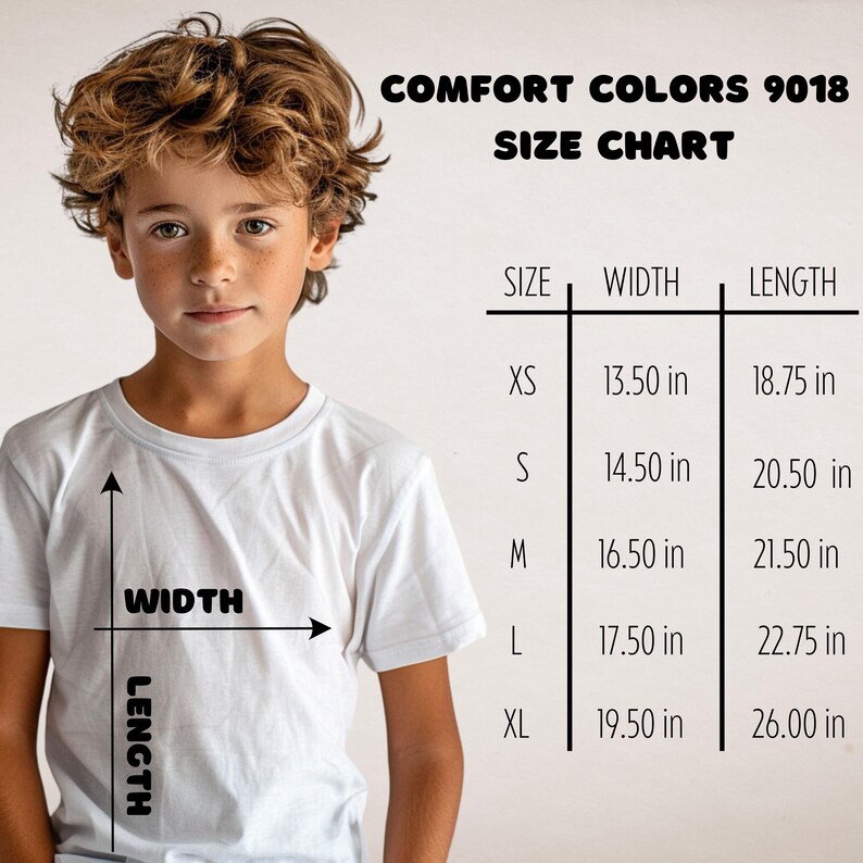 K&ouml;nnte beinhalten: Gr&ouml;&szlig;entabelle f&uuml;r Comfort Colors 9018 T-Shirts, mit den Ma&szlig;en f&uuml;r Breite und L&auml;nge in Zoll f&uuml;r die Gr&ouml;&szlig;en XS, S, M, L und XL.