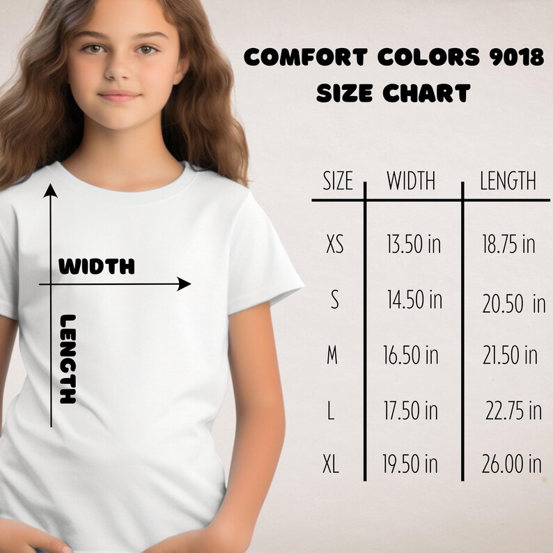 May include: Size chart for Comfort Colors 9018 t-shirts, showing width and length measurements in inches for sizes XS, S, M, L, and XL.