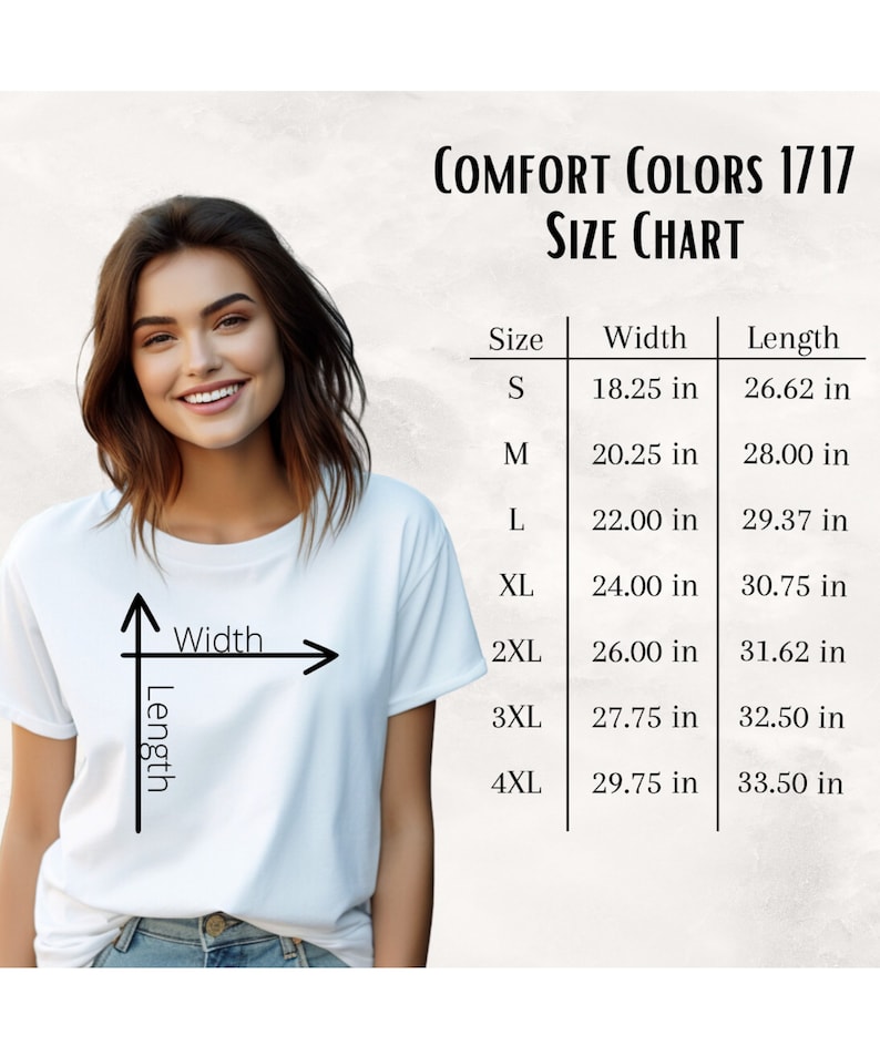 May include: Size chart for t-shirts with measurements in inches. The chart shows the width and length of the shirts in sizes S, M, L, XL, 2XL, 3XL, and 4XL.