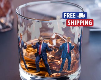 Funny Dancing Trump Rocks Glass - 10 oz Whiskey Glass, Dancing Trump Humorous Whiskey Glass - Hilarious Gift for MAGA Republican