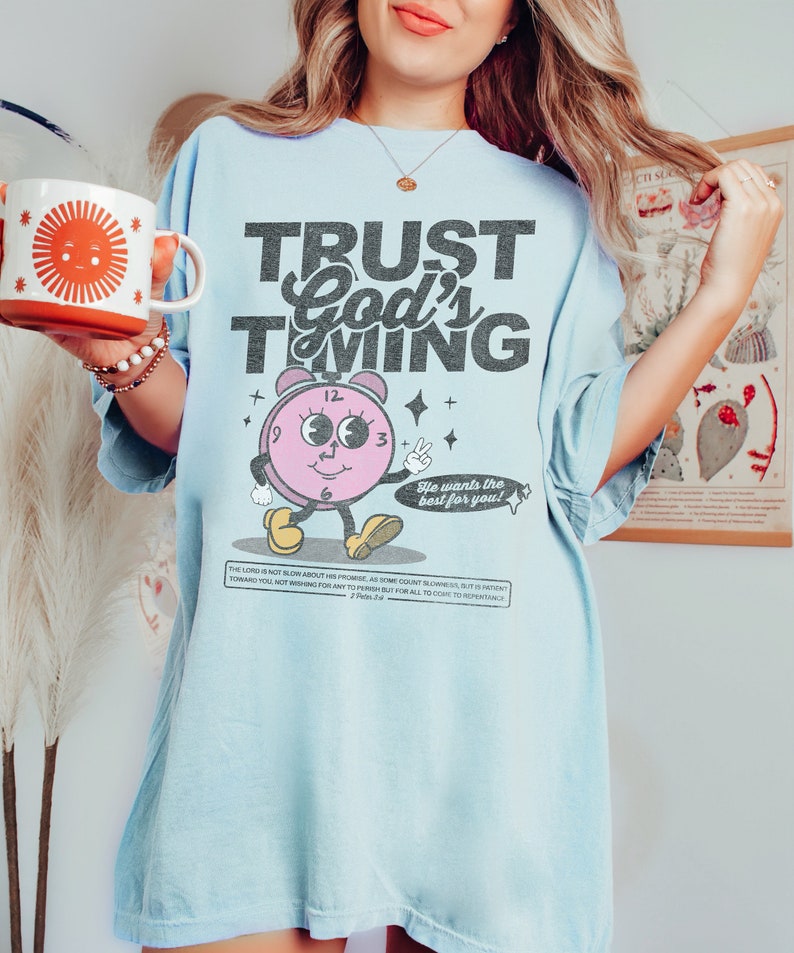 Christian Tshirt - Trust in God's Timing, Retro Faith-based Graphic Tee, Popular Shirt, Christian Gift for Teen, Christian Gift for Her image 5