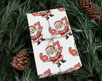 May include: White gift wrap featuring a repeating pattern of Santa Claus holding the number 6 or 7 in red. The wrapped gift is tied with twine and rests on a bed of green pine needles and pine cones.