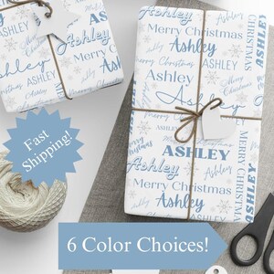 Papel de regalo de Navidad personalizado, papel de regalo con collage de nombres personalizado, papel de regalo personalizado, papel de regalo de Navidad azul
