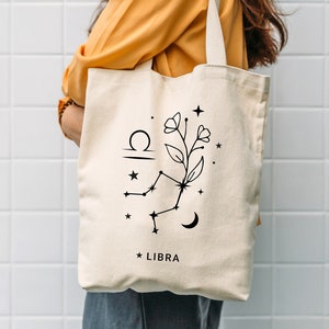 Birth Flower Tote Bag, Bridesmaids Tote Bag, Zodiac Bridesmaids Gift, Birthday Gift, Zodiac Tote Bag, Libra