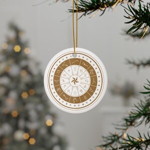 Enfeites de Natal Astrologia do Zodíaco Impressão em 2 lados, Roda do Signo do Zodíaco Gráfico Natal Ornamento de Cerâmica