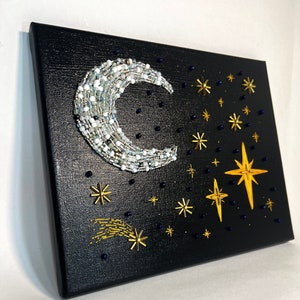 Canvas Embroidery Art Piece | Moon and Stars Painting | Handmade Beaded Night Sky Wall Art | Unique Wall Decoration