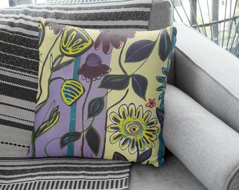 Floral pillow and case, Floral decorative pillow, Purple yellow home office decor, Abstract pillow, Colorful Decor, Outdoor Pillow and Cover