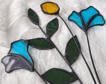 Light Blue / Yellow set of 4 - Stained Glass Forever Flowers