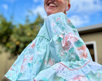 Pop Bubble O/S Reclaimed puff sleeves blouse with ruffles, flower top, handmade top, blue gingham blouse, plus size  • MIND KILLER MADE