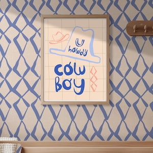 Póster de vaquero azul, guardería para bebé niño, decoración del oeste para habitación infantil, arte lineal de sombrero de vaquero, impresión, dibujado a mano, arte de herradura, herradura
