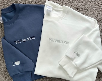 Individuell gesticktes Sweatshirt mit römischen Ziffern | Personalisierte römische Zahl Pullover | Besticktes Paar Baumwoll Hoodie | Geschenke zum Jubiläum