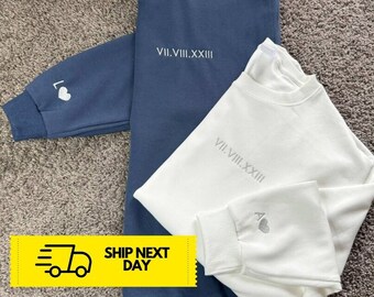 Römische Zahl Besticktes Sweatshirt | Baumwoll Hoodie mit gestickten Zahlen | Crewneck Sweatshirt Datum | Personalisierte Initiale auf der Hülle