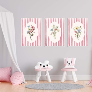 Pink Striped Floral Art Prints Set of 3, Cottagecore Vintage Botanical Prints Girls Room Pink Grandmillennial Decor Nursery Flower Wall Art