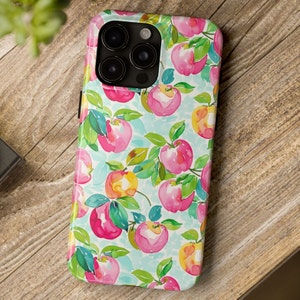 Fall Fruit Design Phone Case, Preppy Apple Phone Case Cover for iPhone 15 14 13 12 11 Pro Max, Coquette Pink, Blue & Green Phone Case Cover