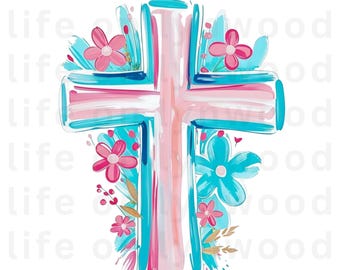 Easter Cross with Florals Png, Easter Cross Clipart, Christian png, Spring Floral Png, Preppy Easter Png, Easter Christian Floral Png