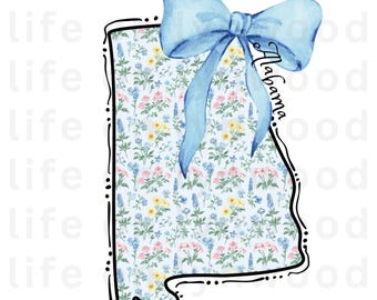 Grandmillennial Alabama PNG, AL Png, Coquette png, State png, Preppy png, Boho png, Girly digital, Alabama Girl Png, DTF, Floral png