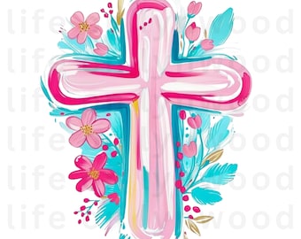Easter Cross with Florals Png, Easter Cross Clipart, Christian png, Spring Floral Png, Preppy Easter Png, Easter Christian Floral Png