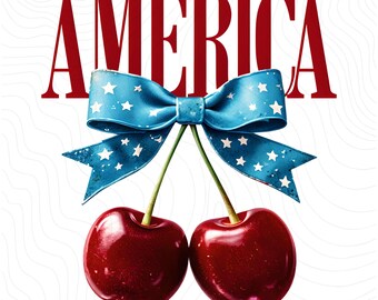 America Cherries PNG, Cherry Bow Png, Trendy July 4th PNG, 4th of july Woman png, Usa Flag png, Coquette Usa Png, Trendy Cherries Tee Design