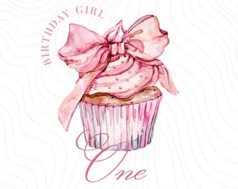 Coquette Pink 1st Birthday Sublimation PNG, Baby Girl First Birthday Instant Digital Download, Watercolor Pink Cupcake Birthday png